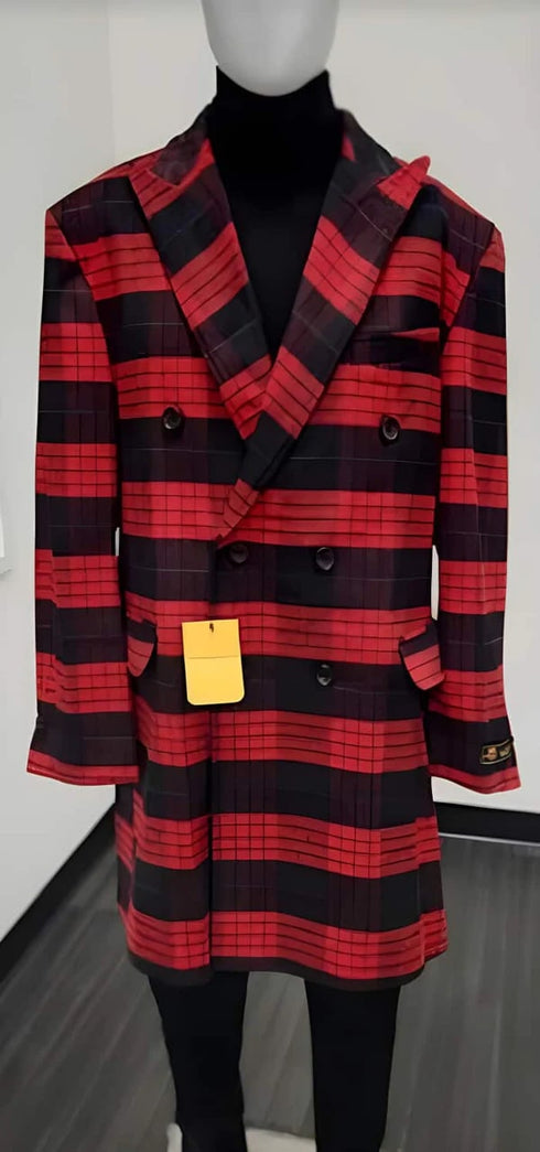 Mens Plaid Overcoat - Wool Peacoat - Plaid Red - Black Topcoats