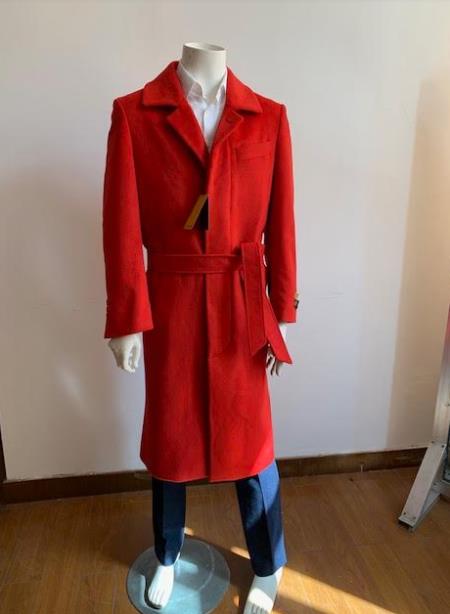 Full Length Belted Style Mens Raglan Overcoat - Wool Fabric Belted Red Coat