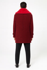 Men’s Red and Black Houndstooth Overcoat with Faux Fur Shawl Collar – Luxury Double-Breasted Winter Coat