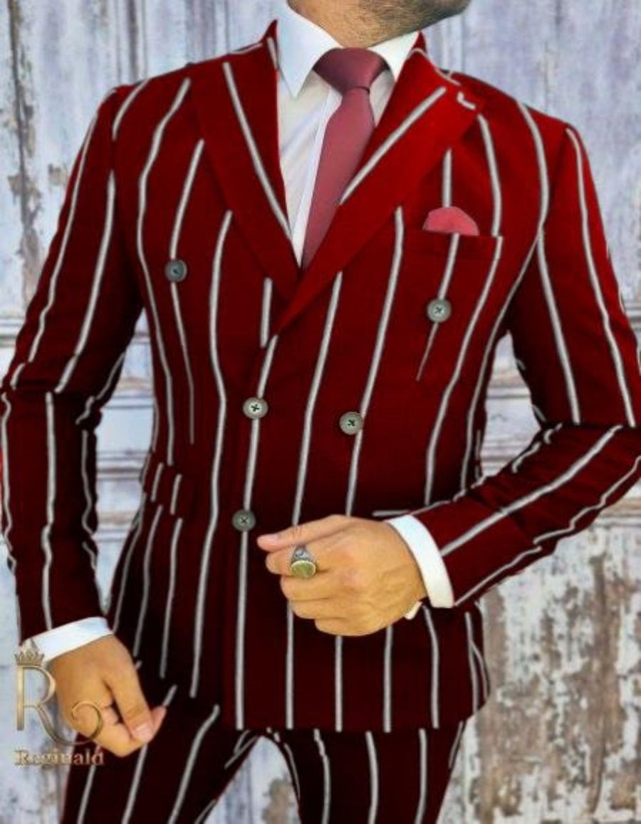 Burgundy Pinstripe Suit - Mens 1920s Gangster Pinstripe Suit - Double Breasted Chalk Pinstripe