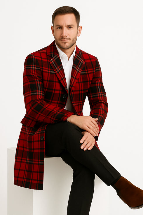 Mens Red and Black Plaid Wool Overcoat with Notch Lapel