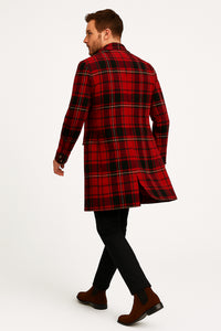 Mens Red and Black Plaid Wool Overcoat – Three Quarter Carcoat - Christmas Coat - Red Peacoat