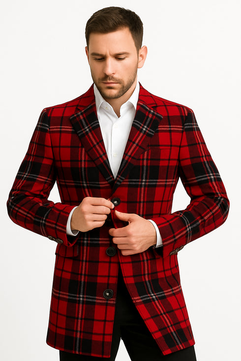 Mens Red and Black Plaid Wool Overcoat with Notch Lapel