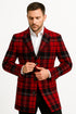 Mens Red and Black Plaid Wool Overcoat with Notch Lapel