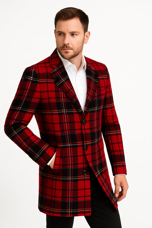 Mens Red and Black Plaid Wool Overcoat with Notch Lapel