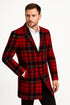 Mens Red and Black Plaid Wool Overcoat with Notch Lapel