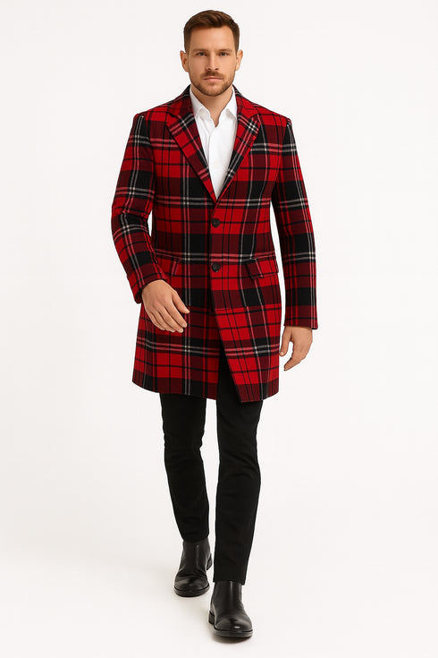 Mens Red and Black Plaid Wool Overcoat with Notch Lapel