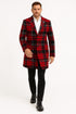 Mens Red and Black Plaid Wool Overcoat with Notch Lapel