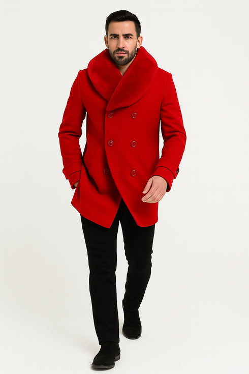 Mens Double Breasted Red Overcoat with Bold Red Faux Fur Collar – Alberto Nardoni Luxury Winter Coat