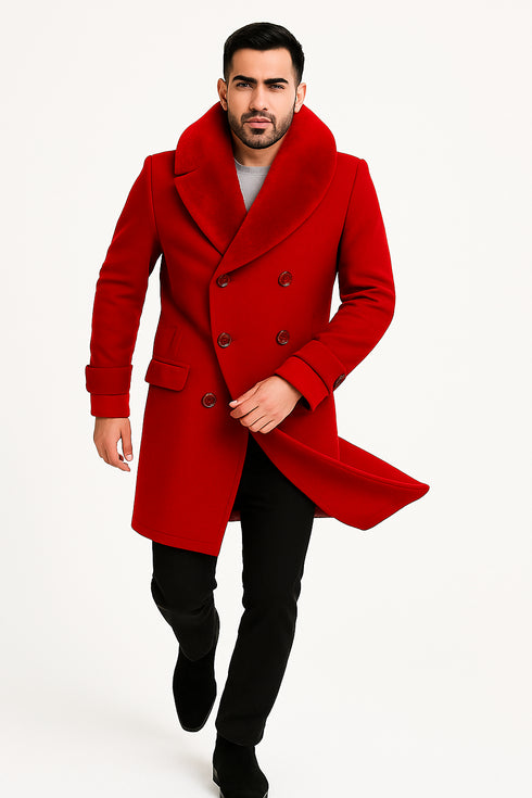 Mens Double Breasted Red Overcoat with Bold Red Faux Fur Collar – Alberto Nardoni Luxury Winter Coat