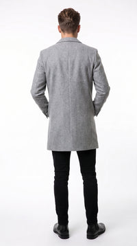 Men’s Light Grey Fitted Wool Peacoat – Modern Slim Cut Single-Breasted Coat