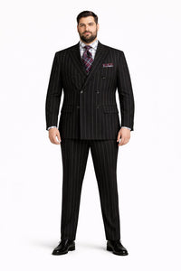 Mens Black Double Breasted Suit - Mens Double Breasted 1920'S Wide Bold Gangster Pinstripe Suit in Black