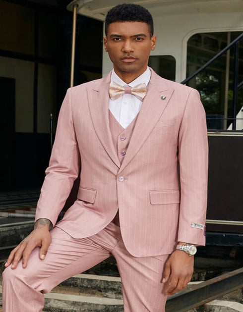 Men's Stacy Adam's One Button Vested Modern Rose Pink Pinstripe Suit