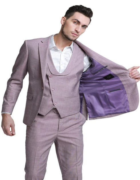 Men's One Button Double Breasted Vest Sharkskin Wedding Rose Pink Slim Fit Suit