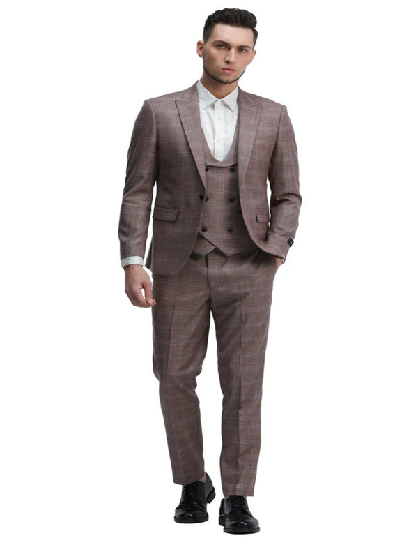 Mens Rose Blue Tuxedo - Men's One Button Slim Fit Double Breasted Vest Rose Pink Plaid Suit