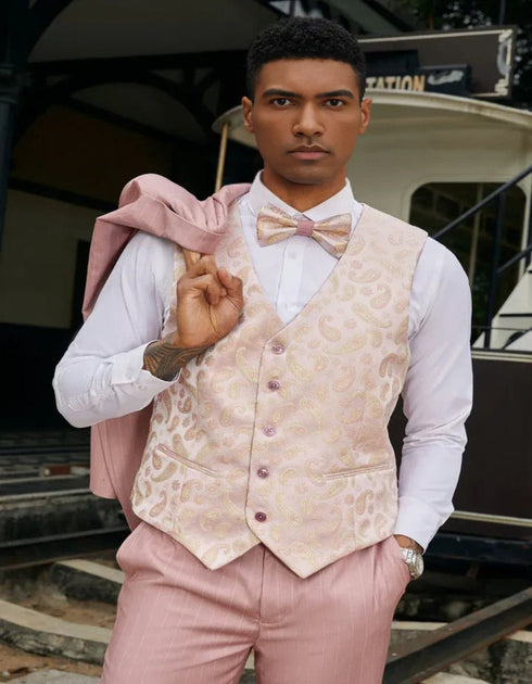 Men's Stacy Adam's One Button Vested Modern Suit in Rose Pink Pinstripe