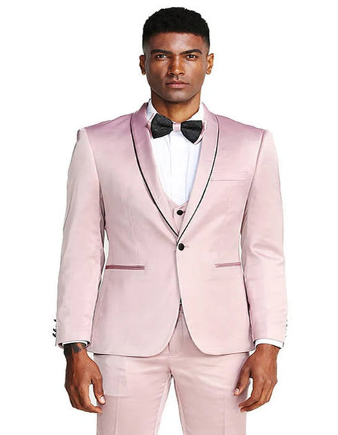 Men's Slim Fit Vested Shiny Satin Prom & Wedding Rose Pink Tuxedo Suit Pink Prom Tuxedos