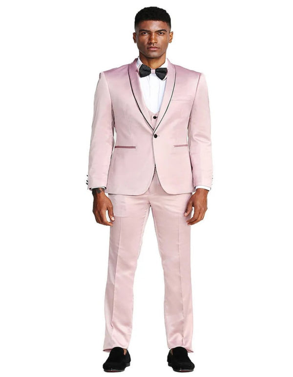 Men's Slim Fit Vested Shiny Satin Prom & Wedding Rose Pink Tuxedo Suit Pink Prom Tuxedos