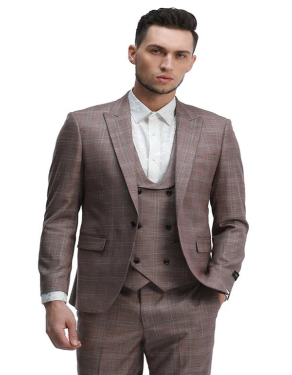 Men's One Button Slim Fit Double Breasted Rose Pink Plaid Suit