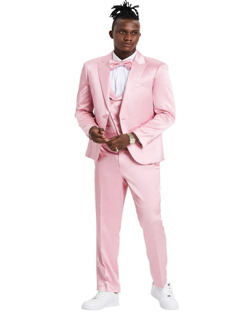 Men's One Button Vested Shiny Satin Sharkskin Prom & Wedding Party Dusty Rose Suit