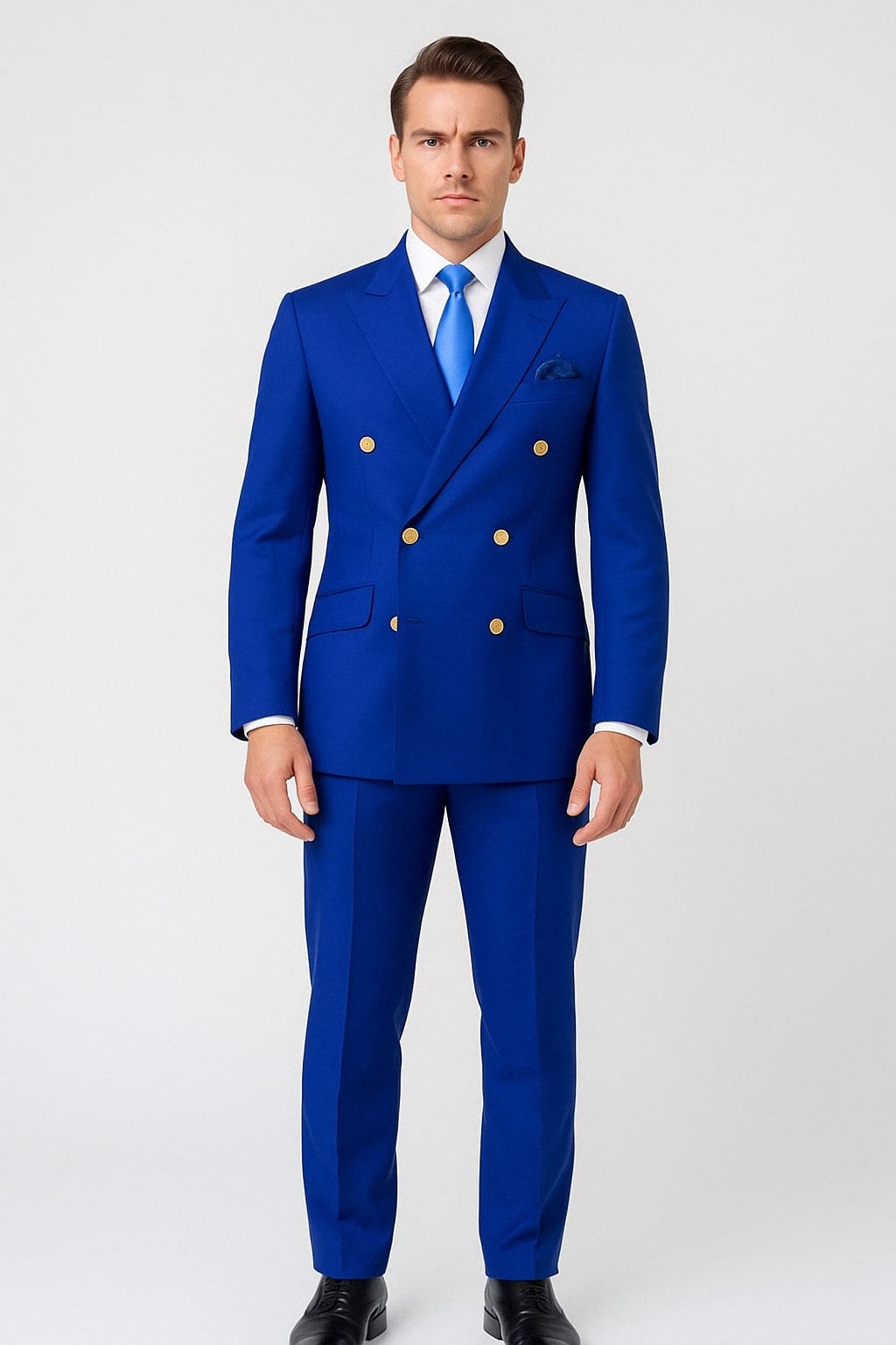 Mens Royal Blue Double-Breasted Suit with Gold Buttons Slim Fit Form OvercoatUSA Mens Royal Blue Double-Breasted Suit with Gold Buttons Slim Fit Form OvercoatUSA