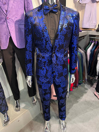 Mens Royal Blue Metallic Floral Suit – Black Background Two Piece