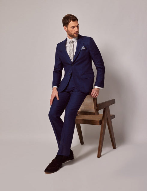 Mens Linen Suit For Beach Wedding - Summer  Suit in Royal Blue Herringbone