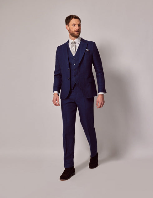 Mens Linen Suit For Beach Wedding - Summer  Suit in Royal Blue Herringbone