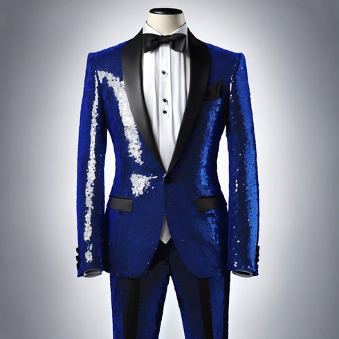 Sequin Suit - Shiny Suit - Royal Blue Suit - Metallic Fabric - Stage Tuxedo - Groom Suit Jacket + Pants