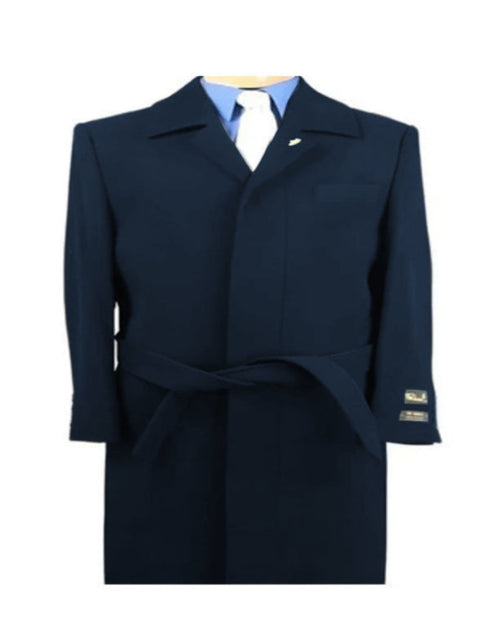 Mens Solid Navy 100% Wool Gabardine Belted Duster Overcoat