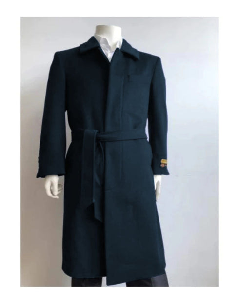 Mens Solid Navy 100% Wool Gabardine Belted Duster Overcoat