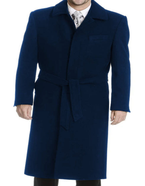 Mens Solid Navy 100% Wool Gabardine Belted Duster Overcoat