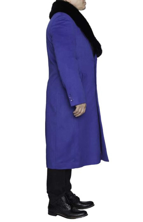 Removable Fur Collar Full Length Ankle length Wool Dress Top Coat / Overcoat In Royal Blue - Mens Overcoat