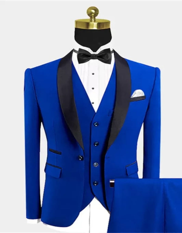 Modern Royal Blue Suits for Groom | Black Satin Shawl Lapel Wedding Tuxedo for Groomsmen