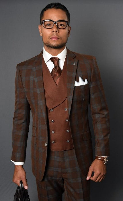 Brown Plaid Suit - Copper - Orange - Rust Color Windowpane Pattern Suit - Wool Suit - Notch Lapel Side Vented Modern Fit