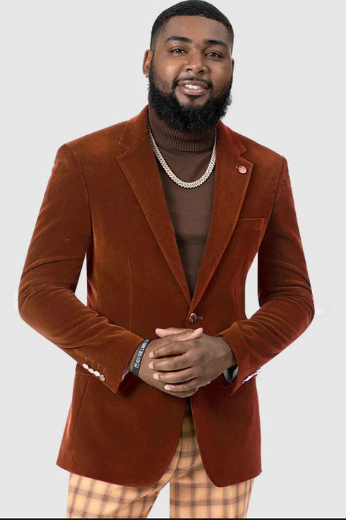 Mens Two Button Modern Fit Rust Velvet Blazer