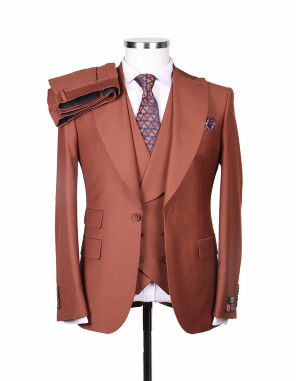 Great Gatsby Suit - Double breasted Vest - Big Peak Lapel Vintage Suit No Pleated Pants in Color Rust Brown