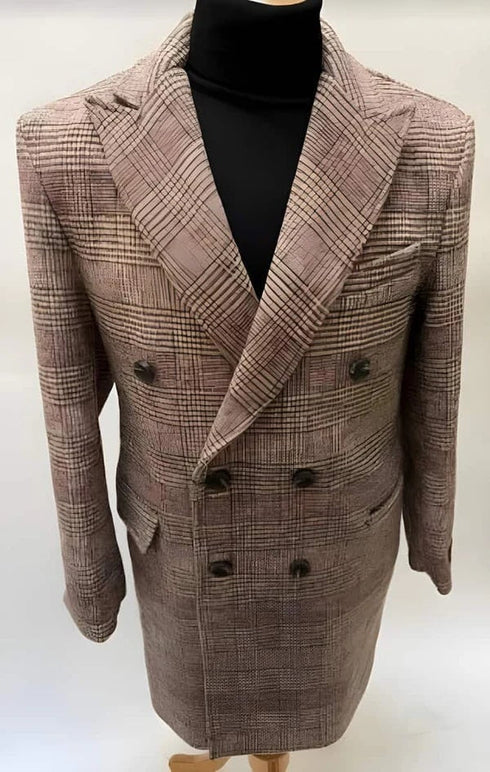 Mens Plaid Overcoat - Houndstooth Checker Pattern Rust Brown Topcoat