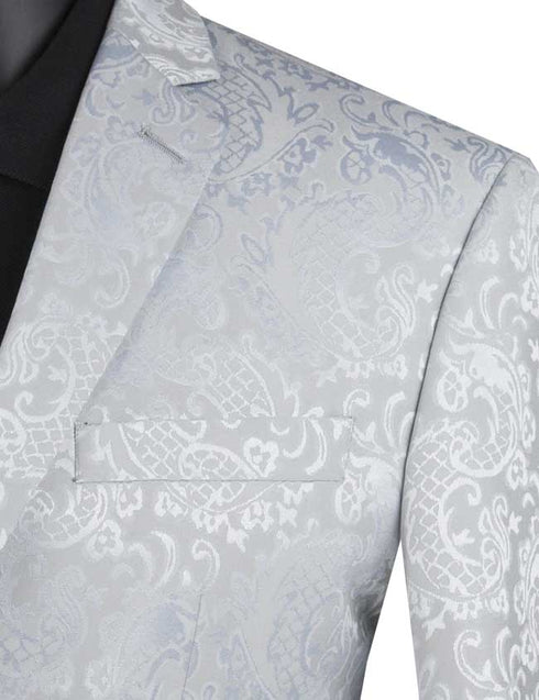 Silver Tone on Tone Paisley Pattern Slim Fit Men's 2 Piece Suit 2 Button