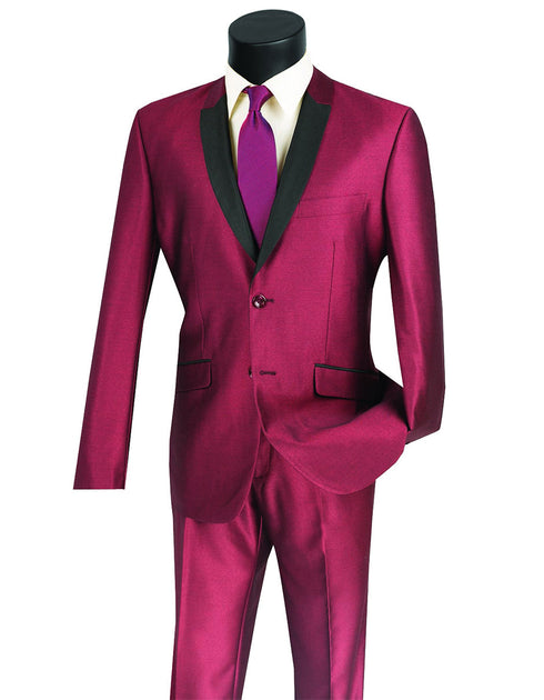 Mens 2 Button Shawl/Peak Hybrid Sharkskin Tuxedo in Burgundy