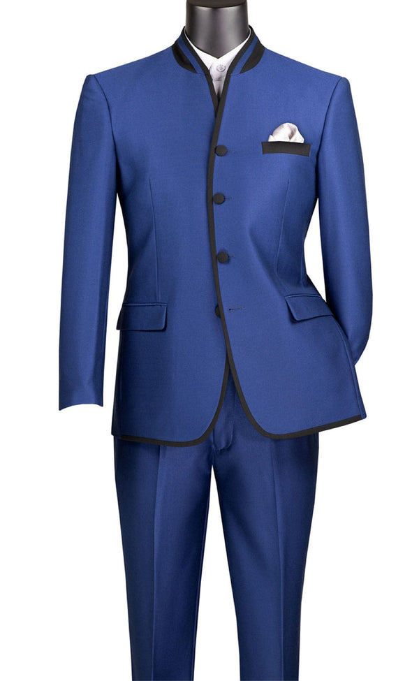 Oriental Collection - Banded Collar Slim Fit Suit Shiny Sharkskin 2 Piece Blue