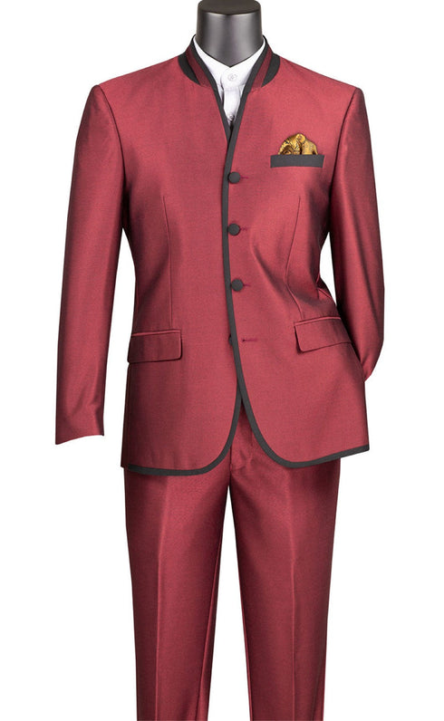 Oriental Collection - Banded Collar Slim Fit Suit Shiny Sharkskin 2 Piece Wine