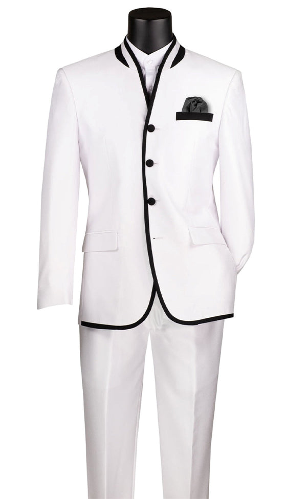 Oriental Collection - Banded Collar Slim Fit Suit Shiny Sharkskin 2 Piece White