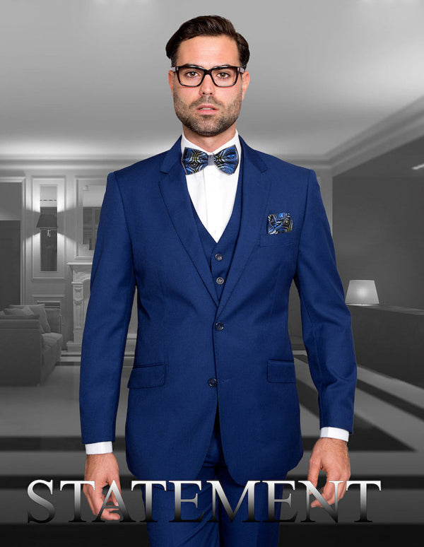 Mens 2 Button Modern Fit Vested Wool Suit in Sapphire Blue