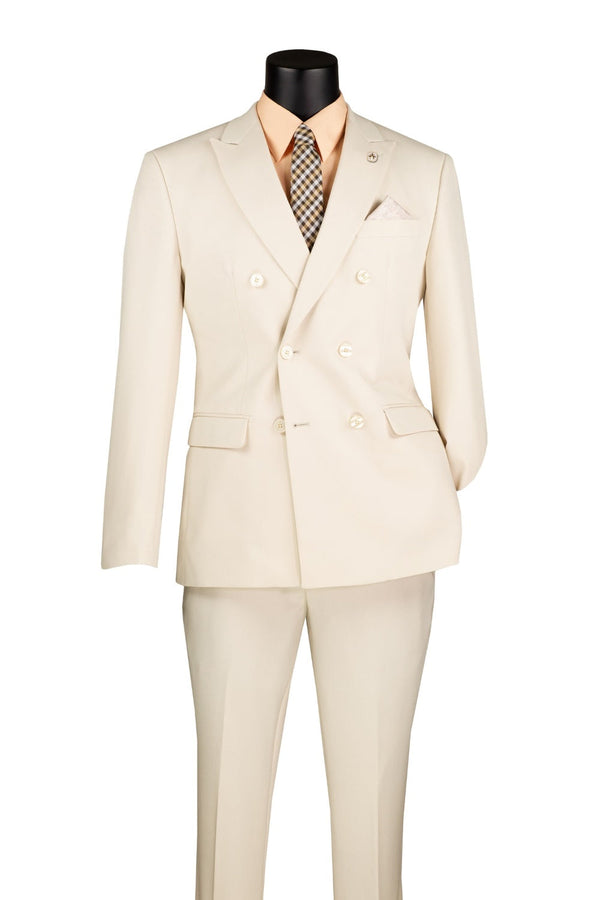 Bone White Slim Fit Double Breasted 2 Piece Suit with Flexible Elastic Waistband