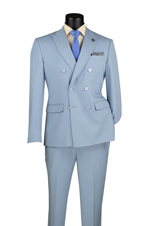 Ice Blue Slim Fit Double Breasted 2 Piece Suit with Flexible Elastic Waistband