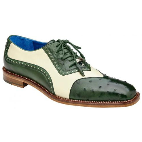 Belvedere Sesto Forest Green / Cream Genuine Ostrich Quill  Italian Calf Wingtip Shoes