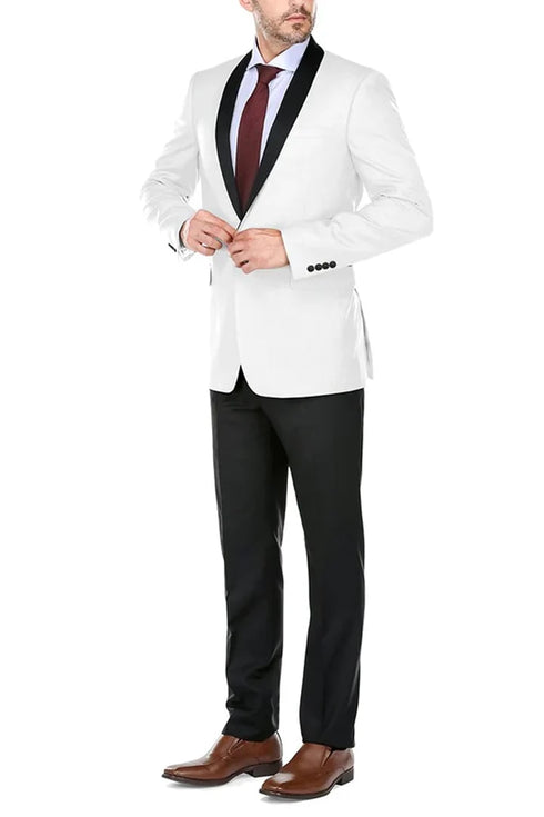 All White Mens Tuxedo -  Wedding Suit -Mens Traditional Slim Fit Shawl Collar Tuxedo In White