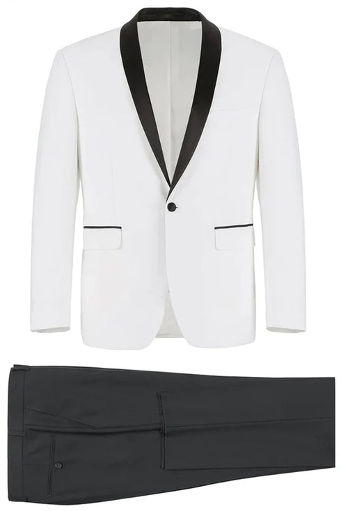 All White Mens Tuxedo -  Wedding Suit -Mens Traditional Slim Fit Shawl Collar Tuxedo In White