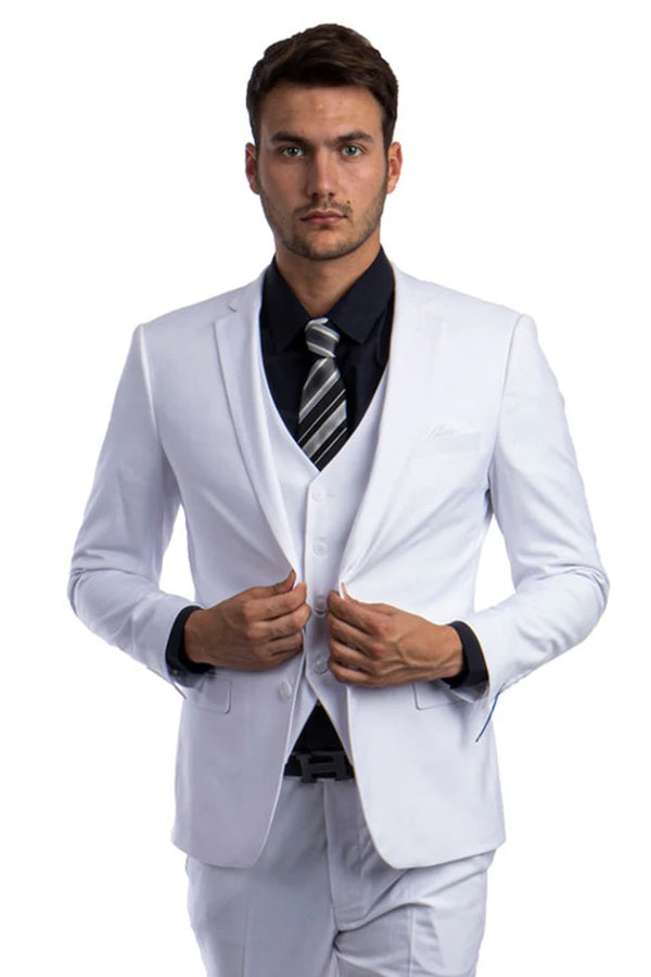 White Wedding Suit For Men - Perfect For Groom - Men's Two Button Slim Fit Vested Solid Basic Color Suit In White